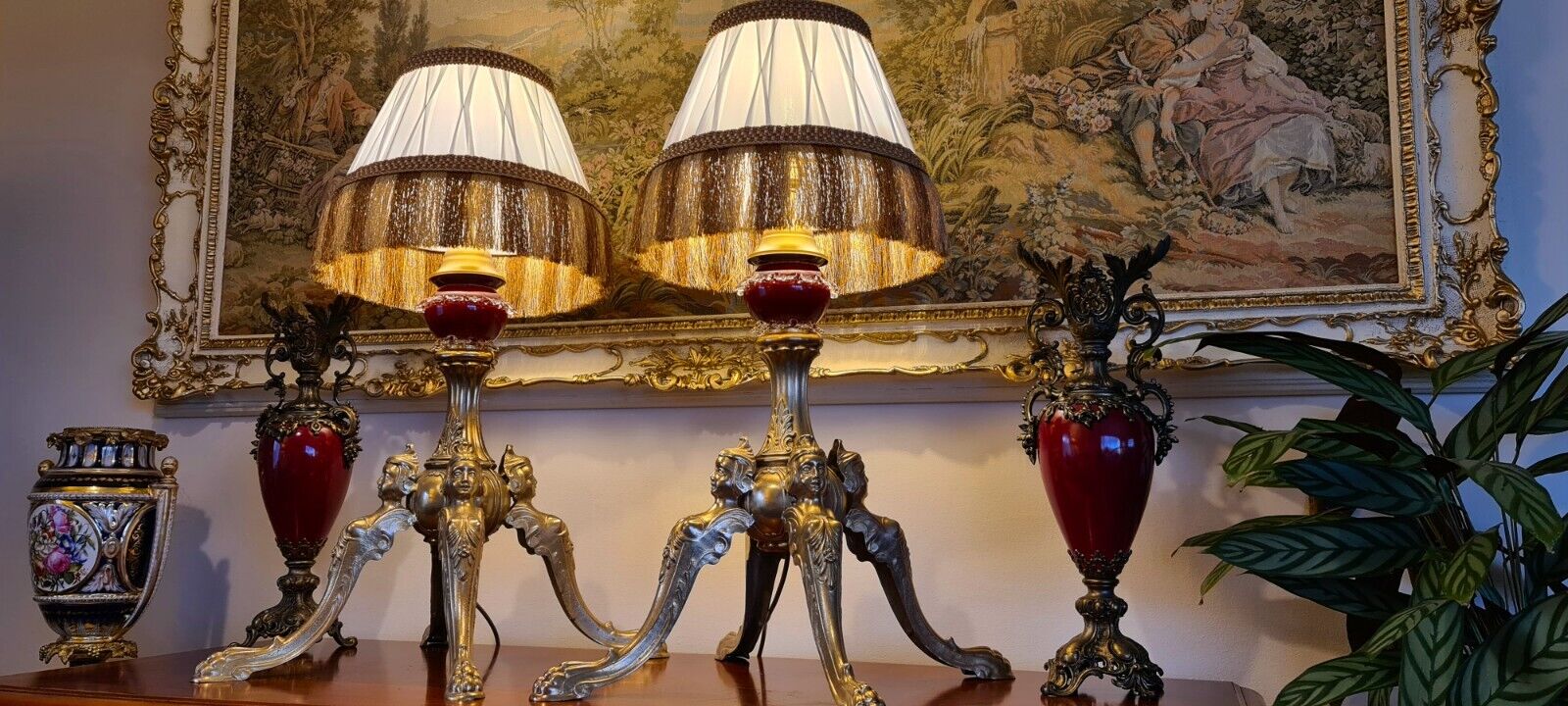 Country Estate Regency Art Noveau Pair of Antique Table Lamps & Lampshades
