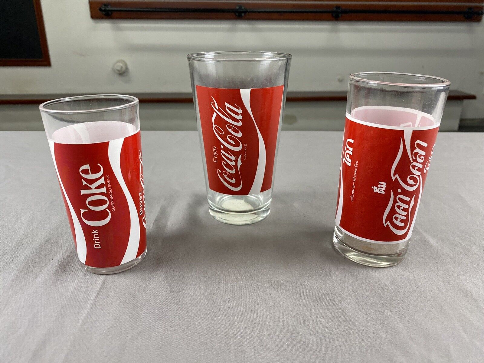 Set Of 3 Coca Cola Red & White Glasses (2 Multi-Language)