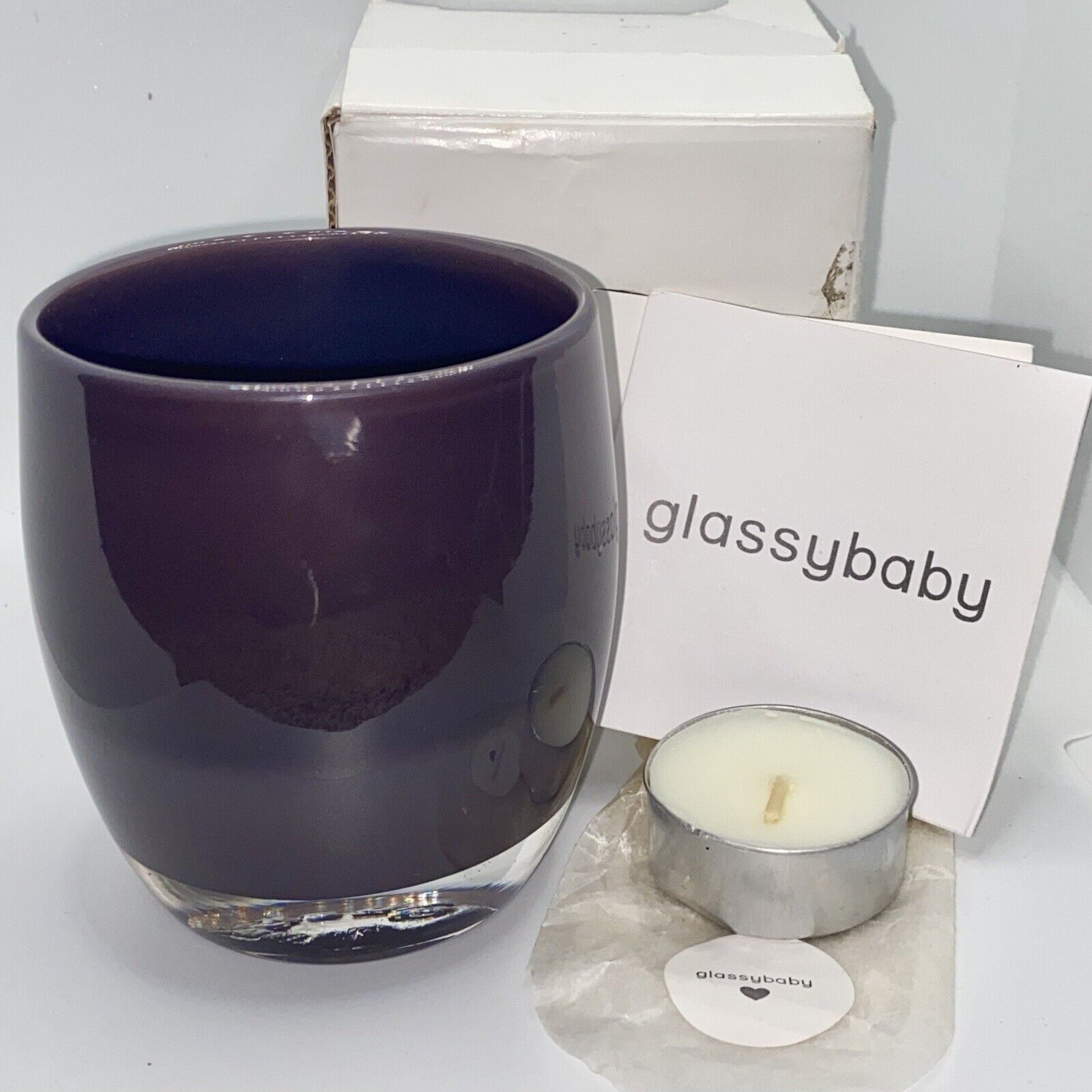 Glassybaby Eggplant Pre-Trisk Candle Votive with Box Tealight Deep Purple *FLAWS