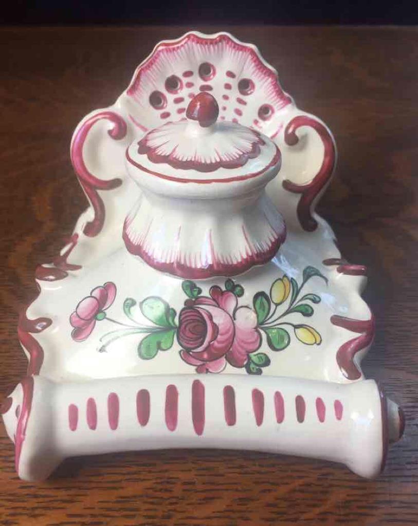 Antique Vintage Imperial France Decor Main Porcelain Handpainted Inkwell Chipped