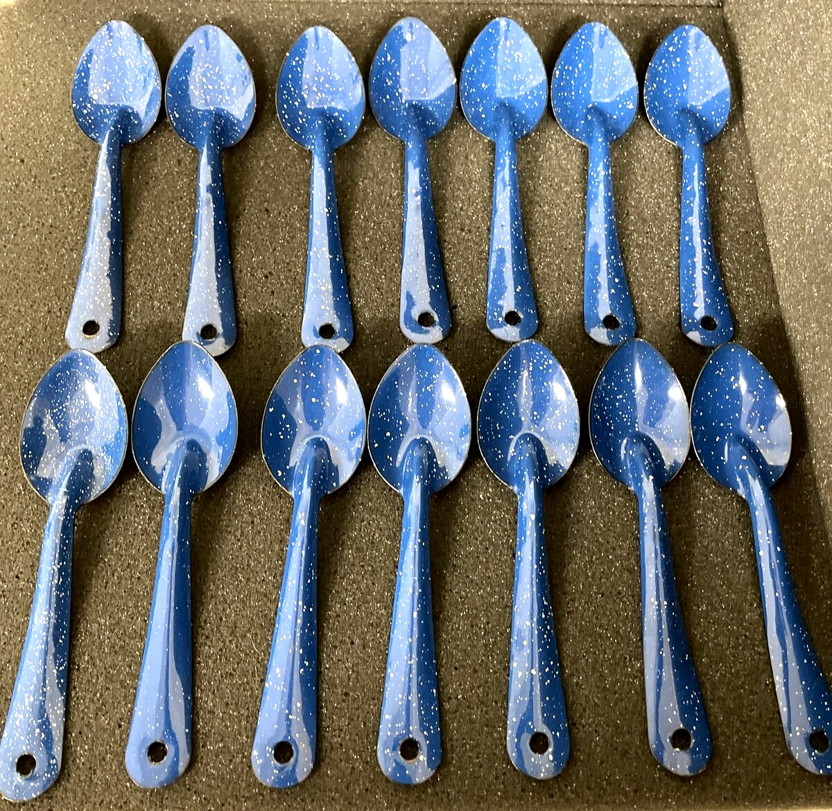 Blue & White Enamelware Speckled Spoons Set Of 14 6” Vintage
