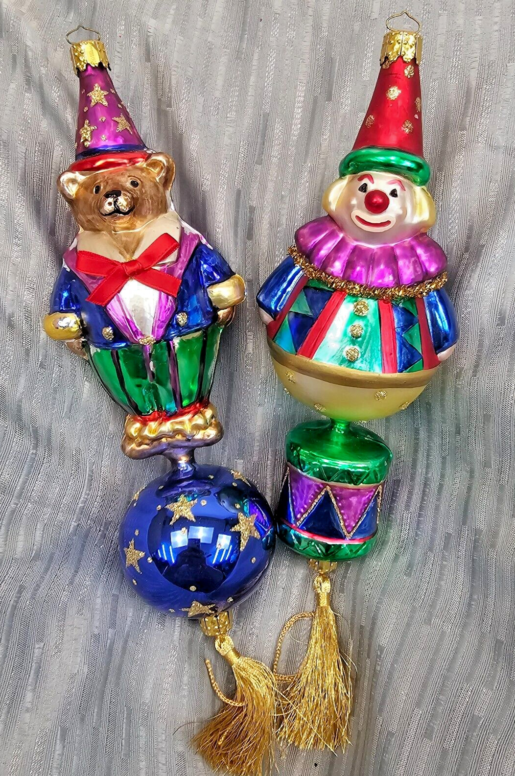 Christborn Blown Glass Ornament Circus Clown & Bear Whimsical Large Set of 2 VTG