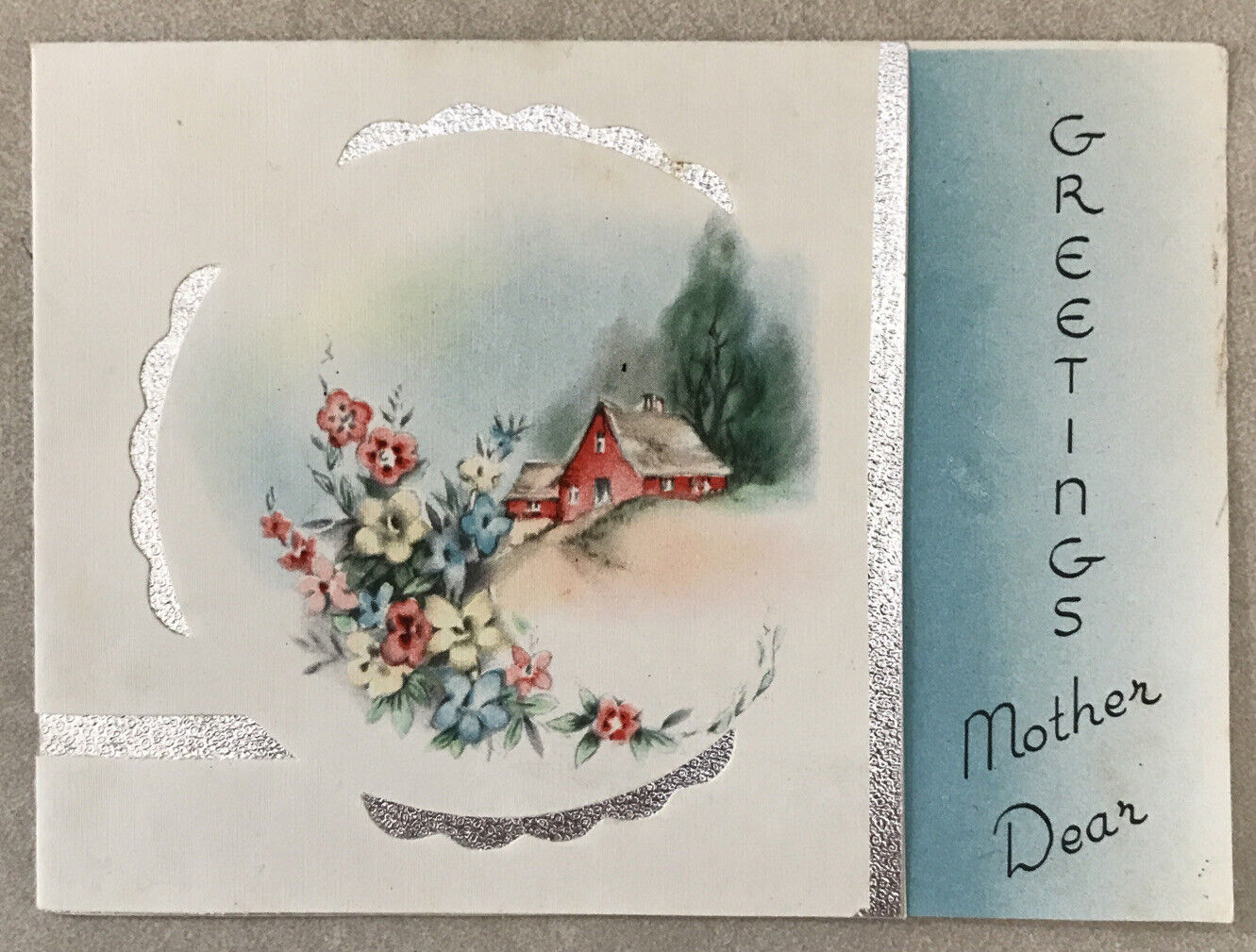 Vtg 1930s Greetings Mother Dear Blank Card Floral Country Barn Design
