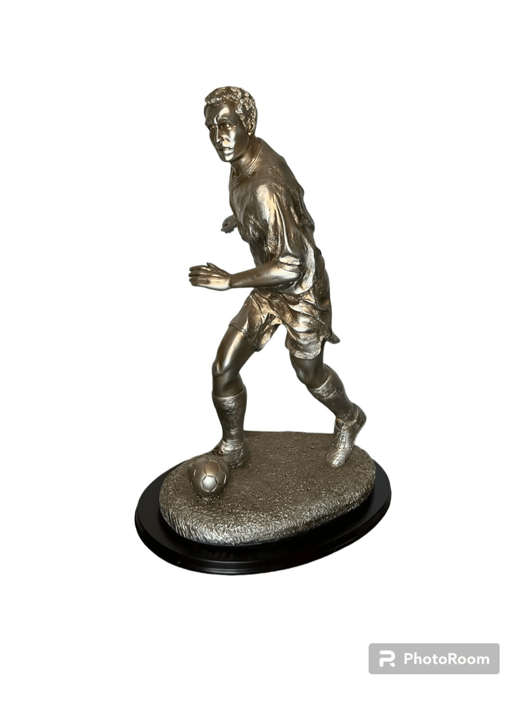 Large Table Top Soccer Player Statue On Wooden Base Silver Tone Statue 20” Tall