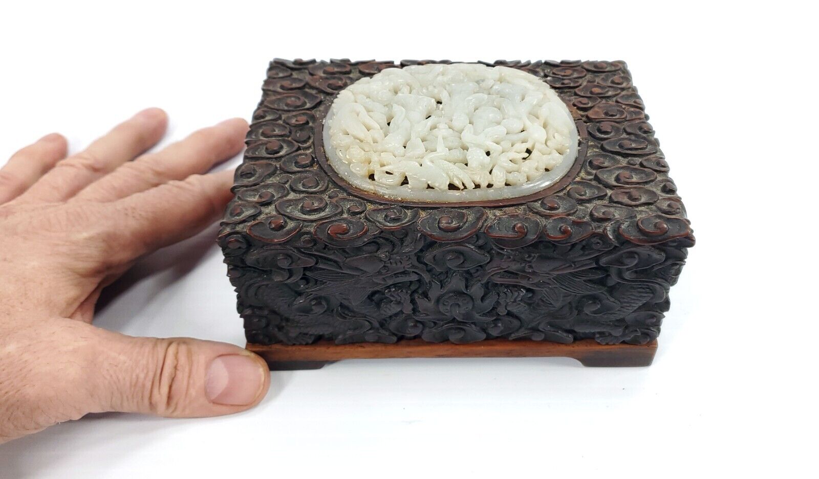 Rare Antique Chinese Hand Carved Wood Dragon Box with Reticulated Jade Top