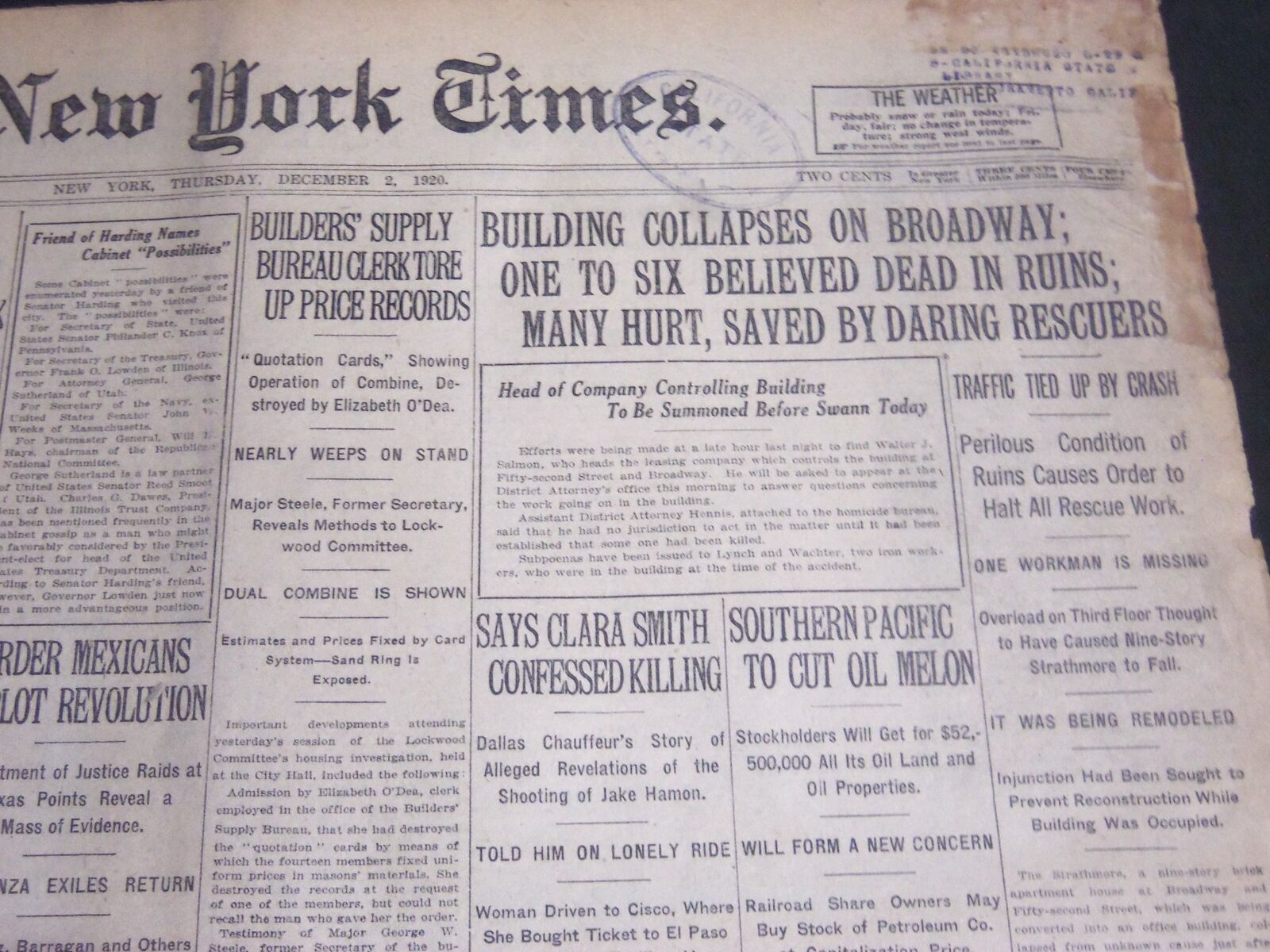 1920 DECEMBER 2 NEW YORK TIMES - BUILDING COLLAPSES ON BROADWAY - NT 6759