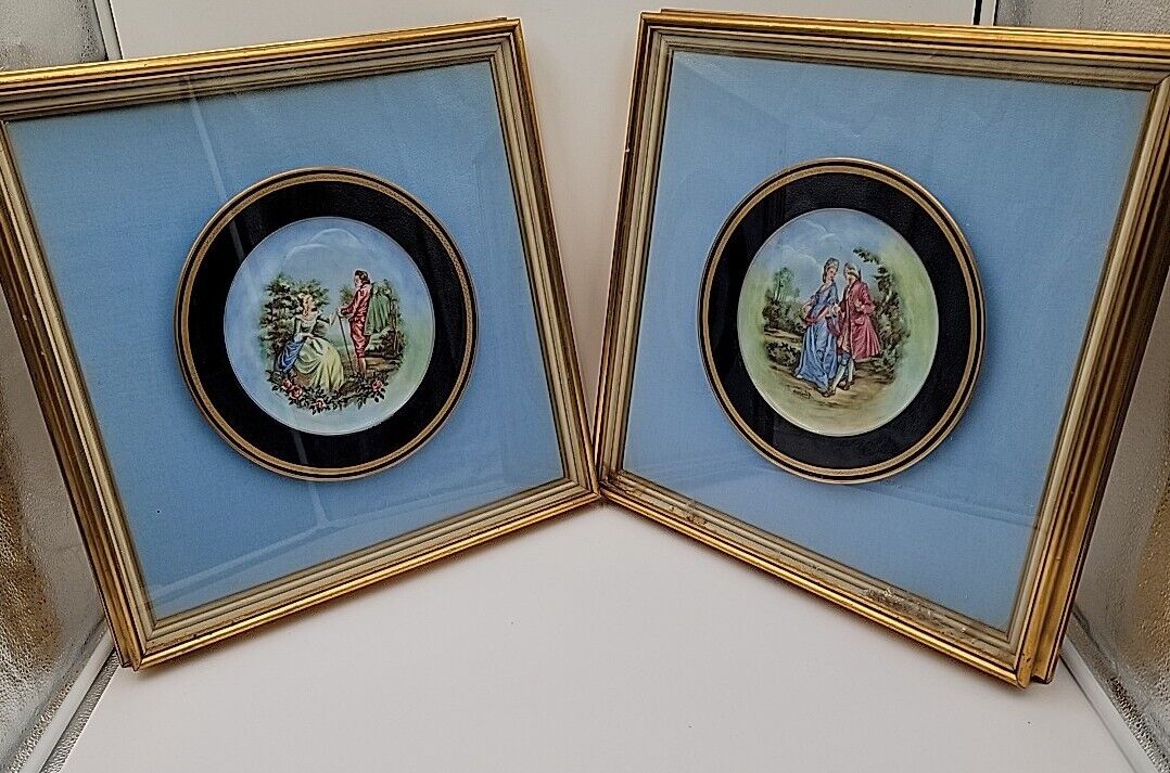 2 Hutschenreuther 18th Century Courtesan Colbalt Image Wall Plates In Shadow Box