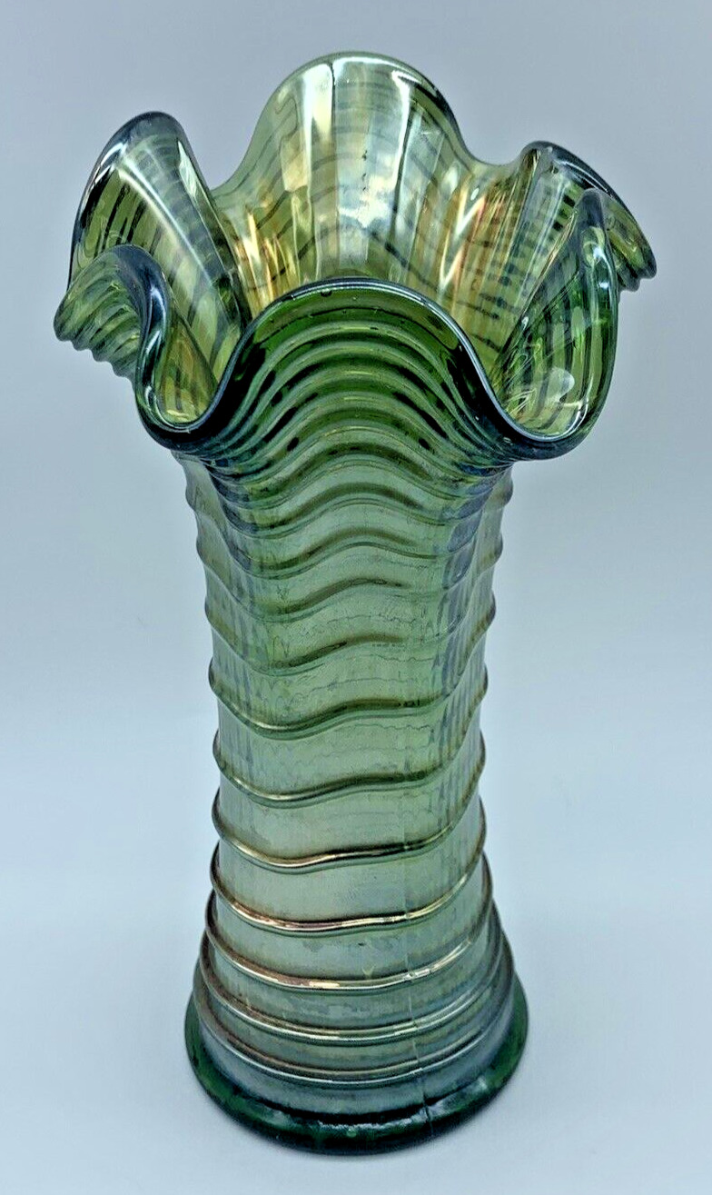 Vintage Imperial Ripple Green Carnival Glass Vase Iridescent Sheen 7.75\