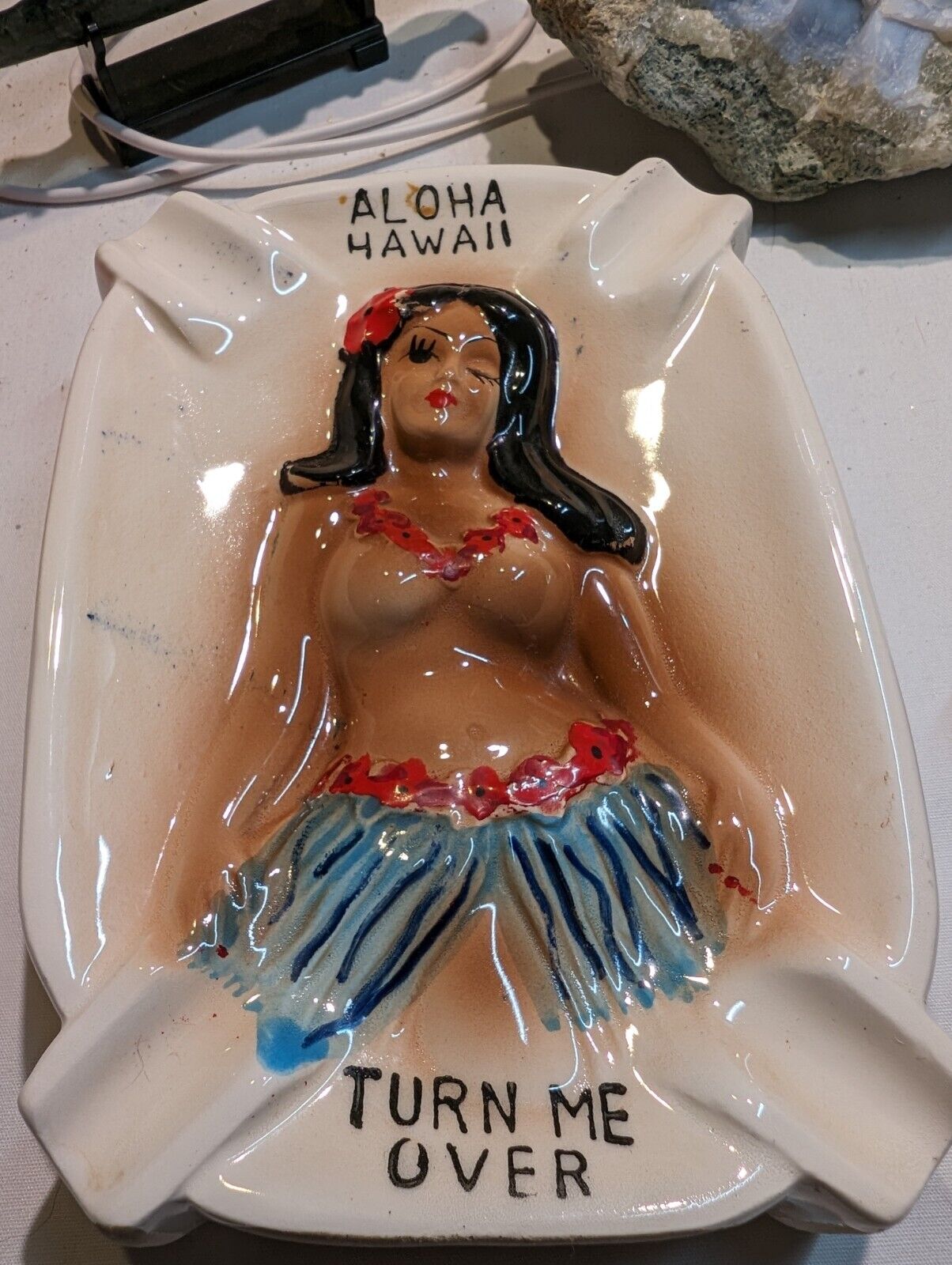 50's Vintage Ceramic Ashtray Turn Me Over Double Sided Risqué Woman Hawaii Hula