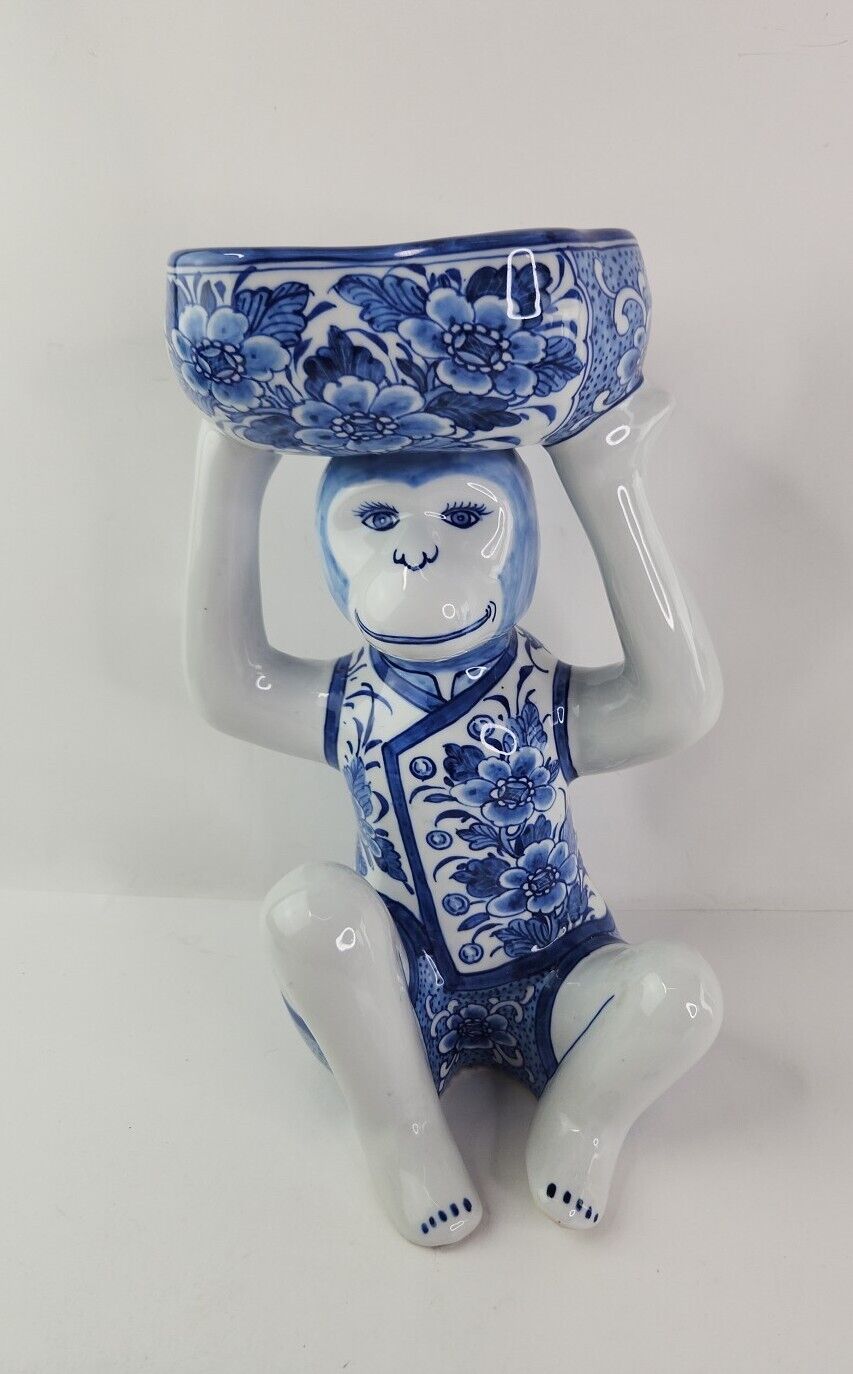Blue & White Monkey Holding Soap Dish Candy Bowl Vintage Chinoiserie 14\