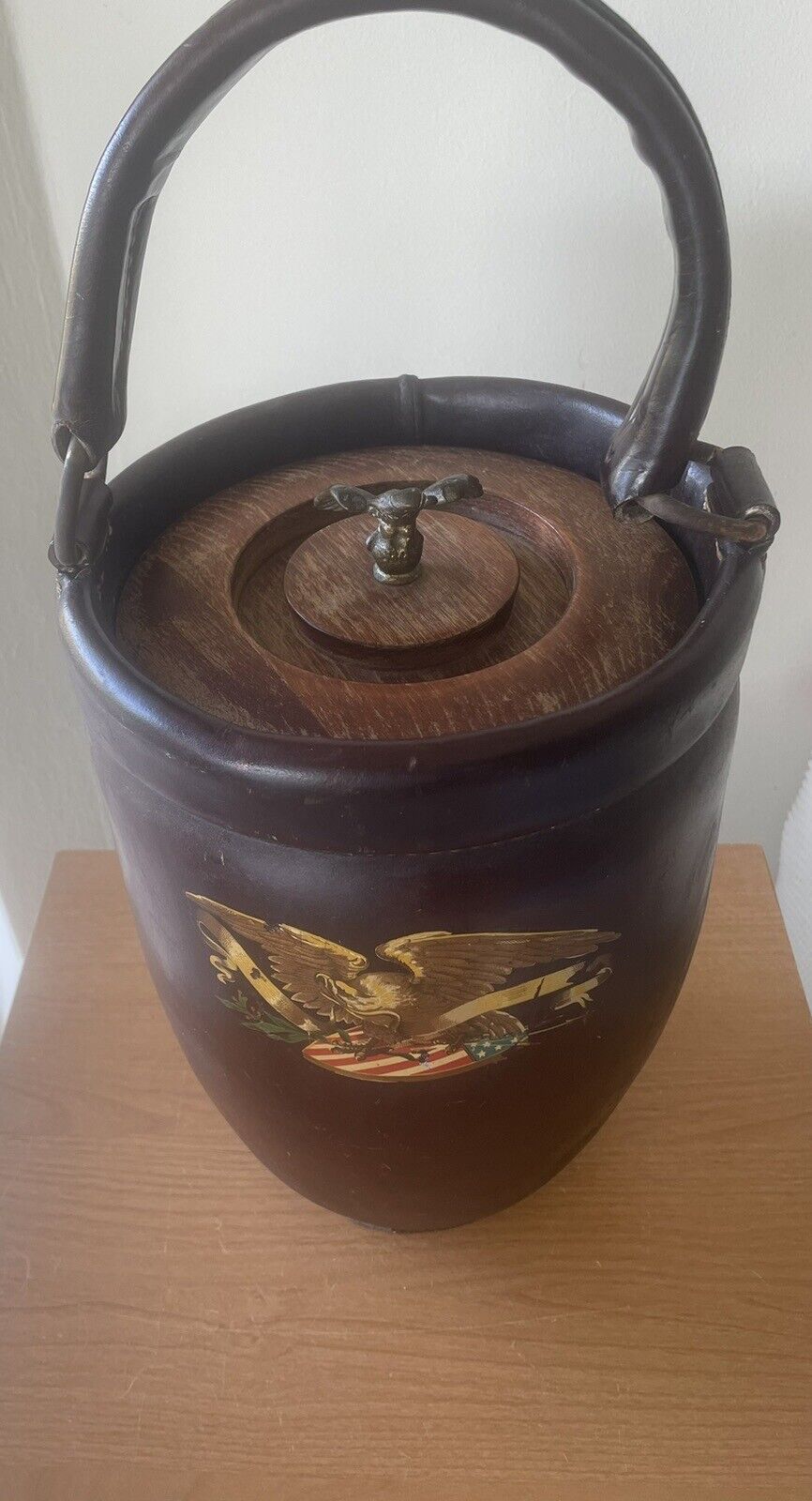 Vintage Cairns & Brother Inc., Leather  Fire Bucket with American Eagle Finial