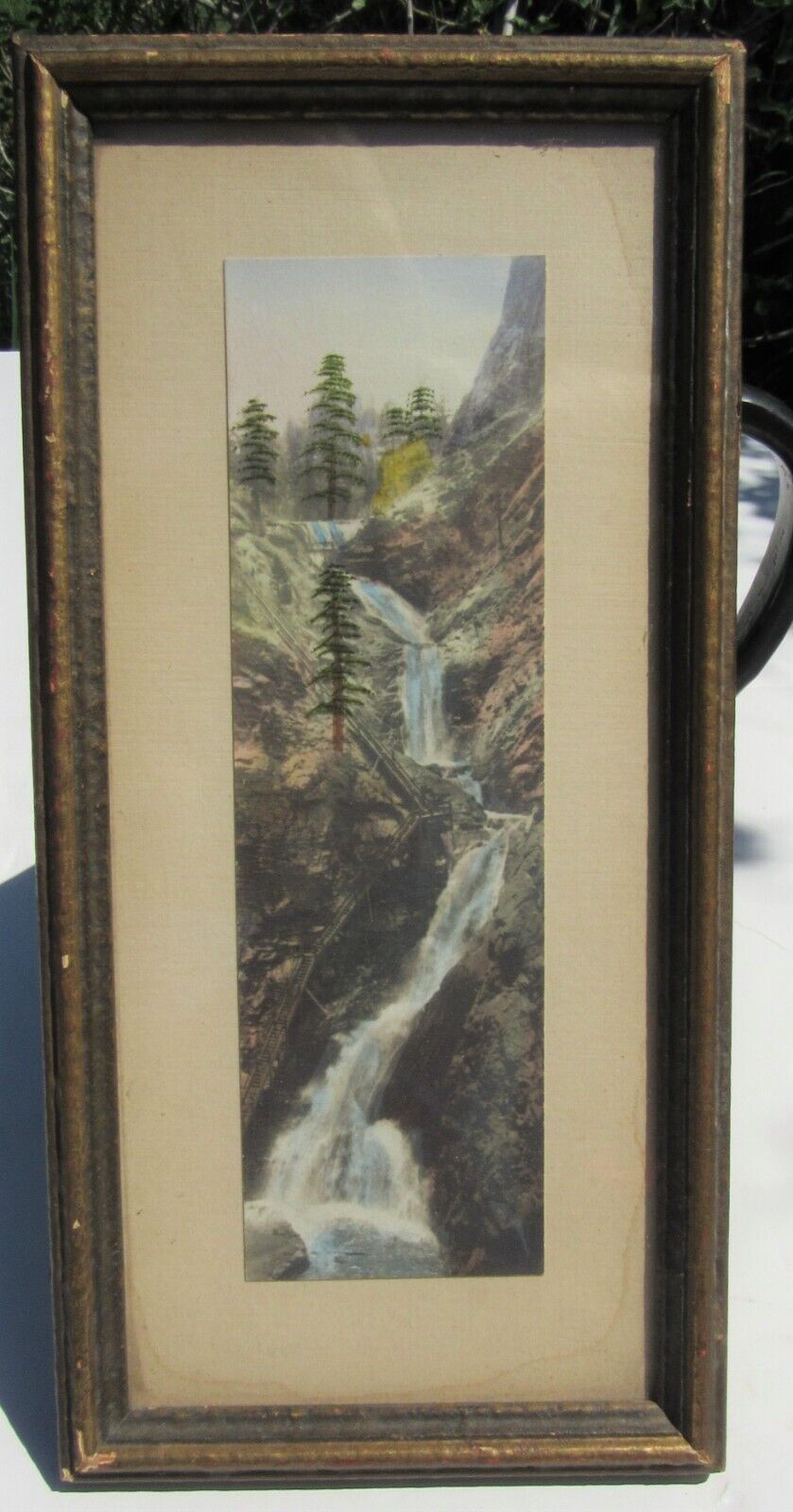 Antique Hand Tinted Waterfall Landscape Photograph Marshall Field & Co. Framed