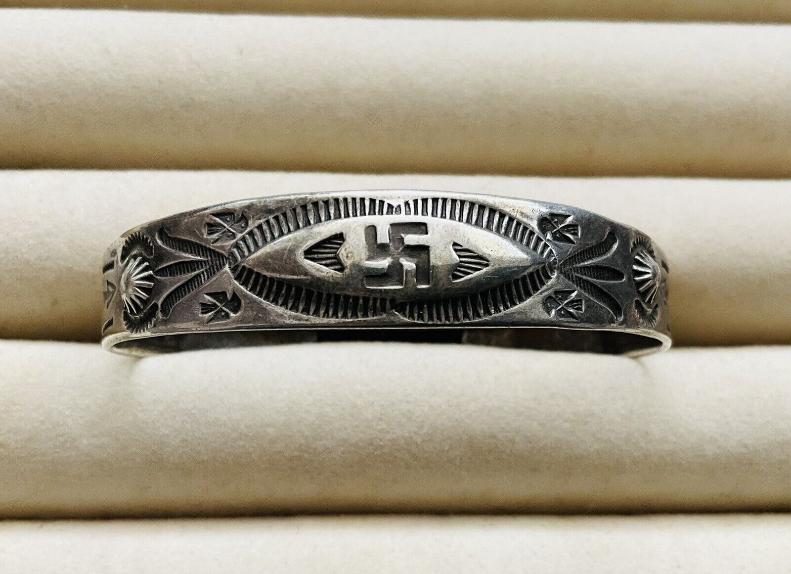 Vintage Navajo Whirling Log Hand Stamped Silver Bracelet Cuff 6-1/2\