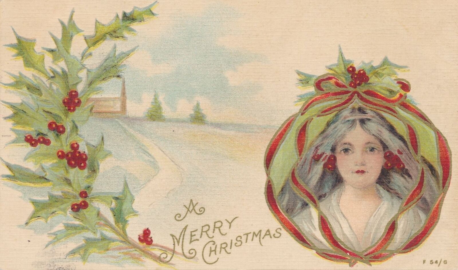 CHRISTMAS - Girl, Ribbons and Holly Rotograph Postcard - udb (pre 1908)