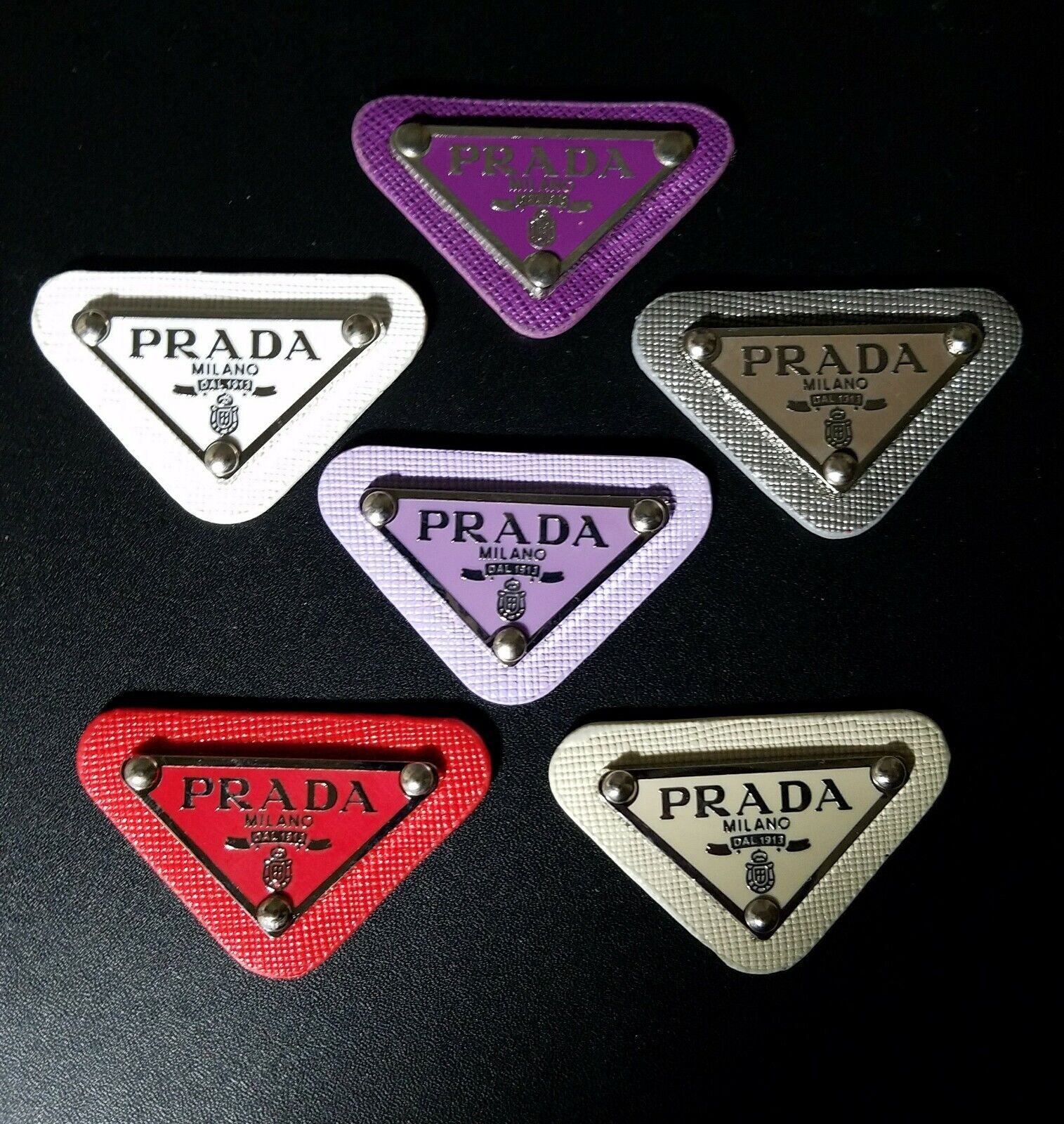 (ONE PIECE ONLY) Of 6 Col. EMBLEM Prada Milano Logo Little Metal Triangle Plate