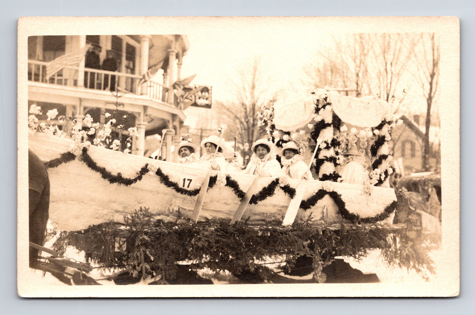 RPPC Women in Horse Drawn Parade Float Row Boat Flowers Postcard