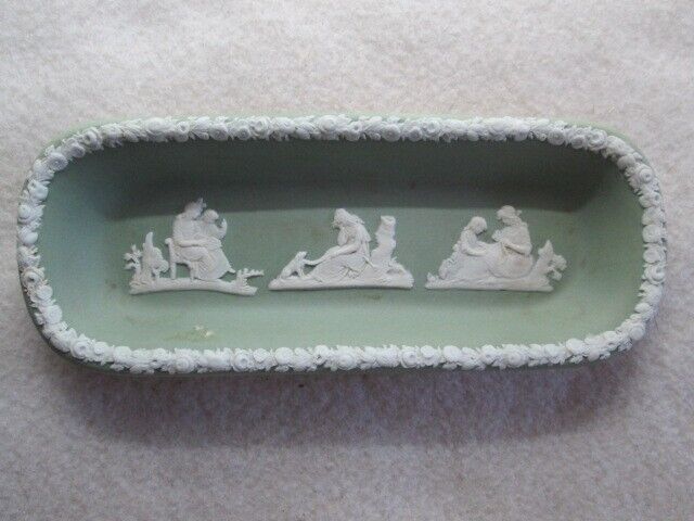 Rare Antique Wedgwood Light Sage Green Dipped Jasperware And White Pin Tray