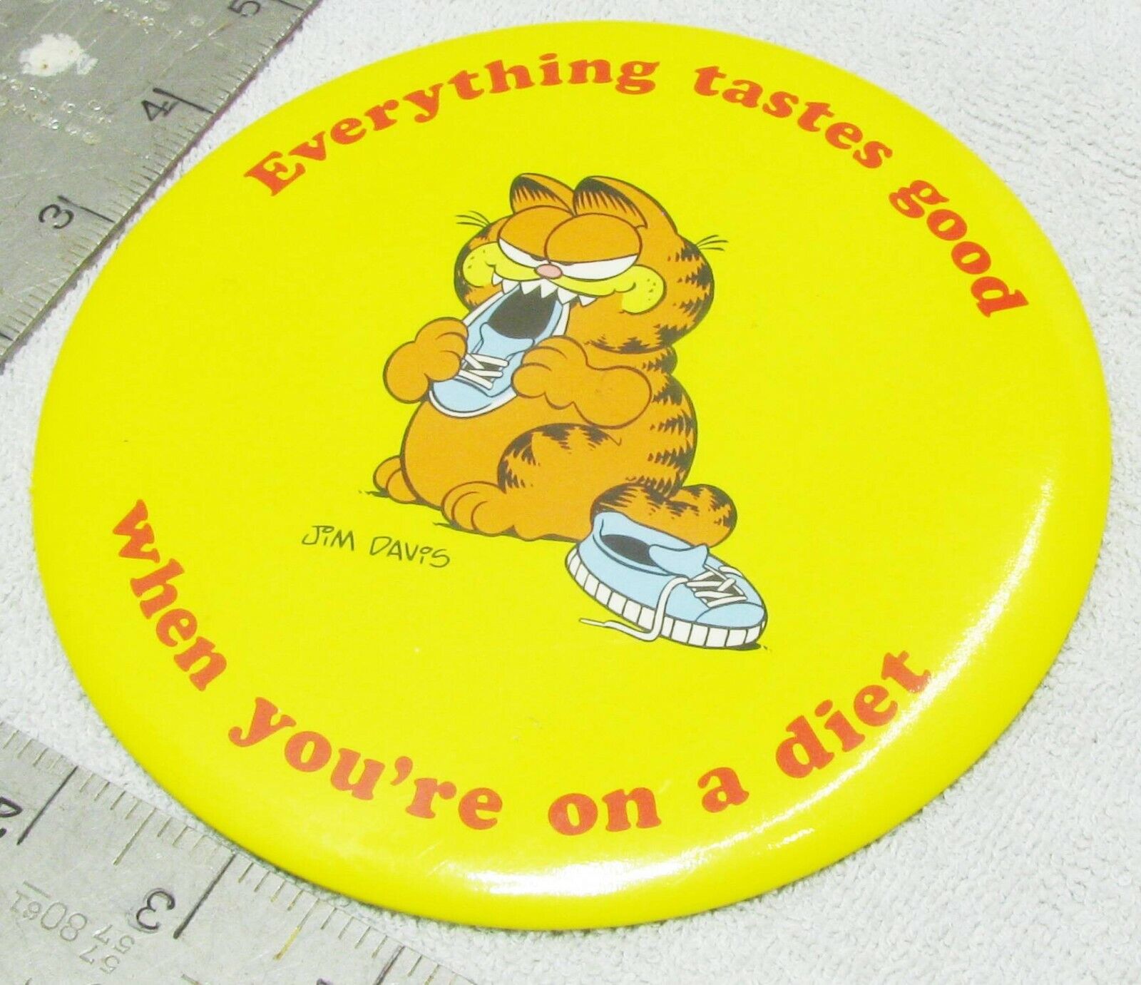 HUGE Vintage Garfield 70’s Promo Pinback Button Everything tastes good Diet