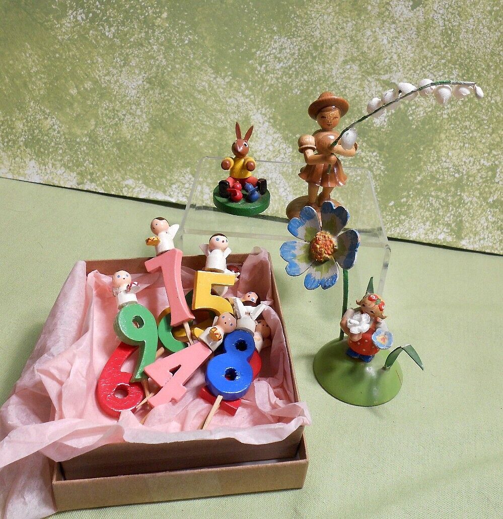 Lot of Erzgebirge Wood Figures - Rabbit- Flower Child- Birthday Cake Angels