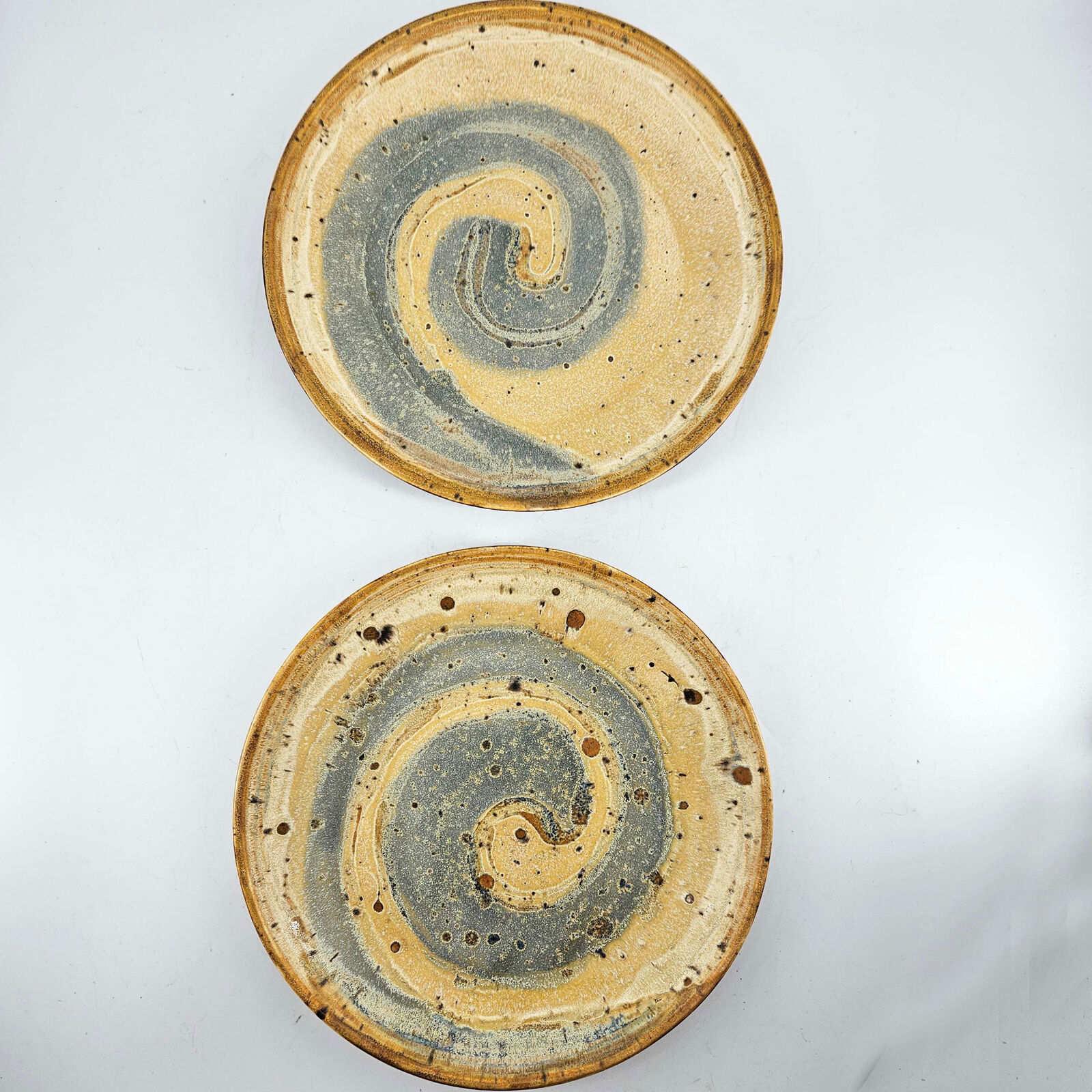 Studio Art Pottery signed JRW M Stoneware boho blue beige plates 2 boho