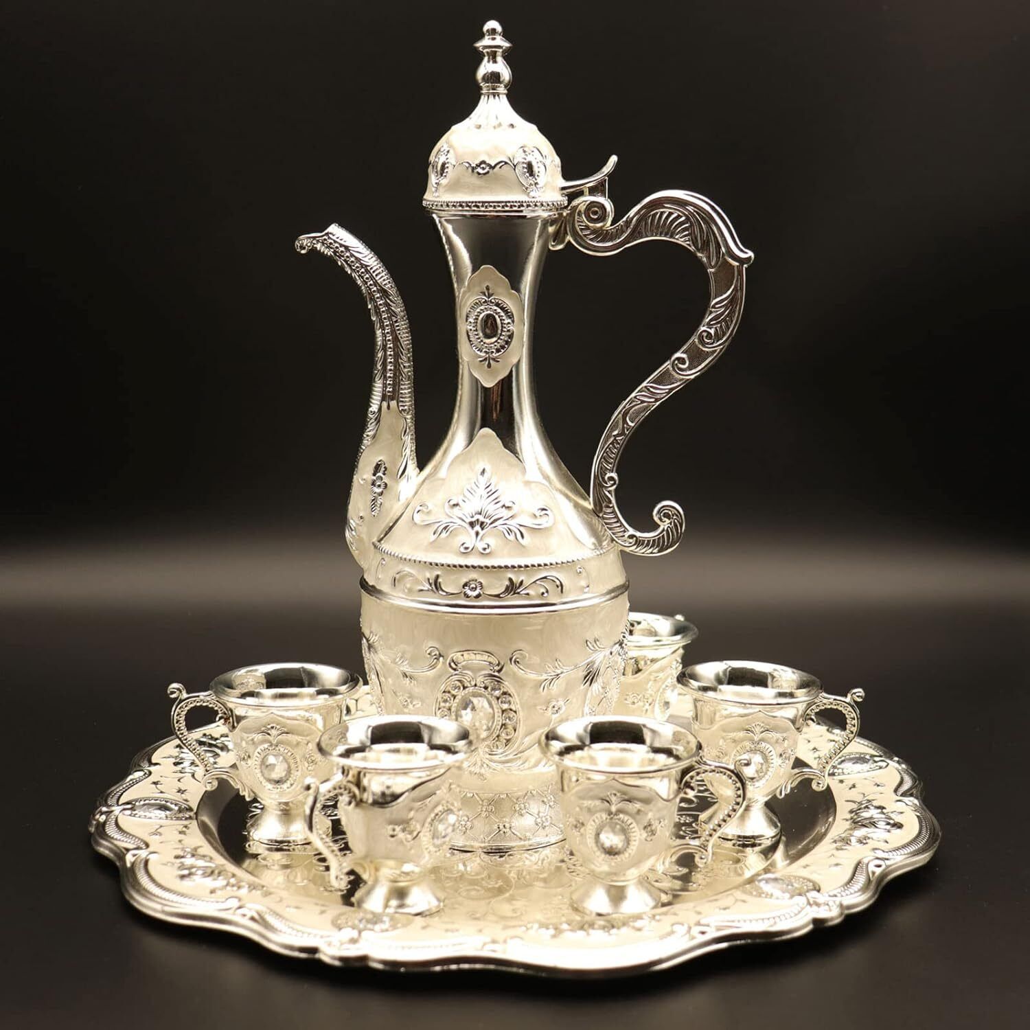 Vintage Set Tea Turkish Cups Home Decor with W/Pot 6 Cups Teapots Silver