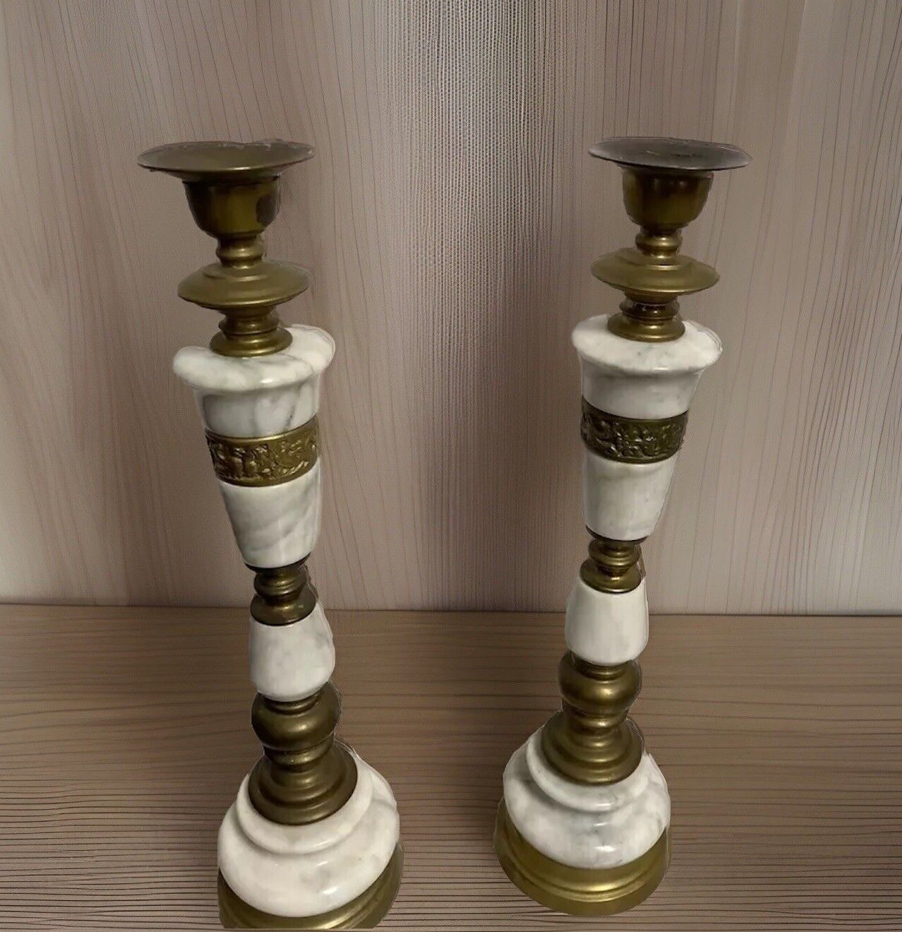 Vtg Pair Tall Brass & Marble Candle Holders 16 Inches Phenix Peacock Bird Motif