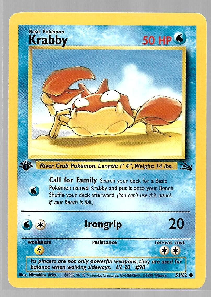 Krabby 1st Edition 51/62 Fossil Pokemon Card NM