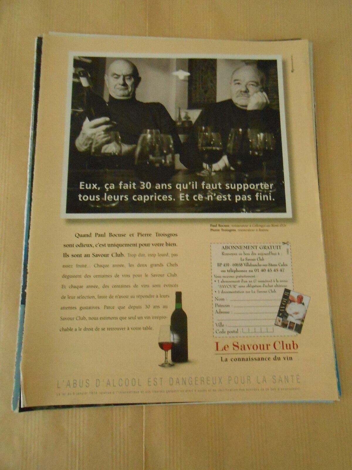 1998 Advert Paul Bocuse et stone Troisgros Le Savor Club advertisement