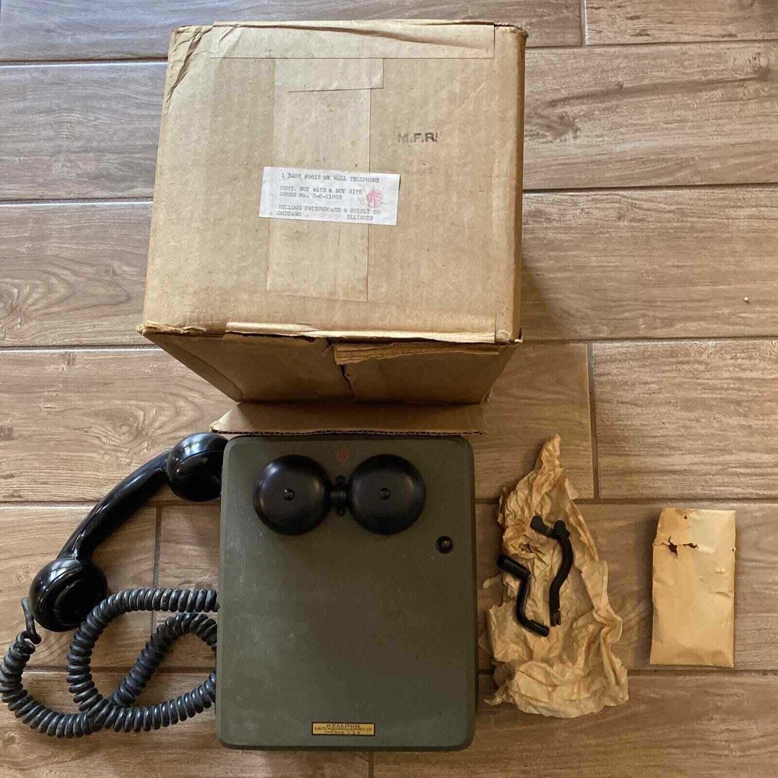 WWll Military crank phone Kellogg Switchboard Supply Co: green Wood NOS Open Box