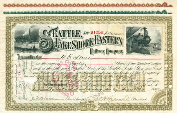 Seattle, Lake Shore and Eastern Railway Co. - 1887-1896 dated Railroad Stock Cer