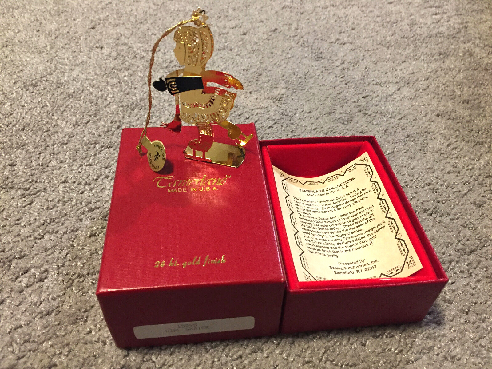 Vintage Camerlane Girl Skater 24kt Gold Finish Christmas Ornament Made In USA