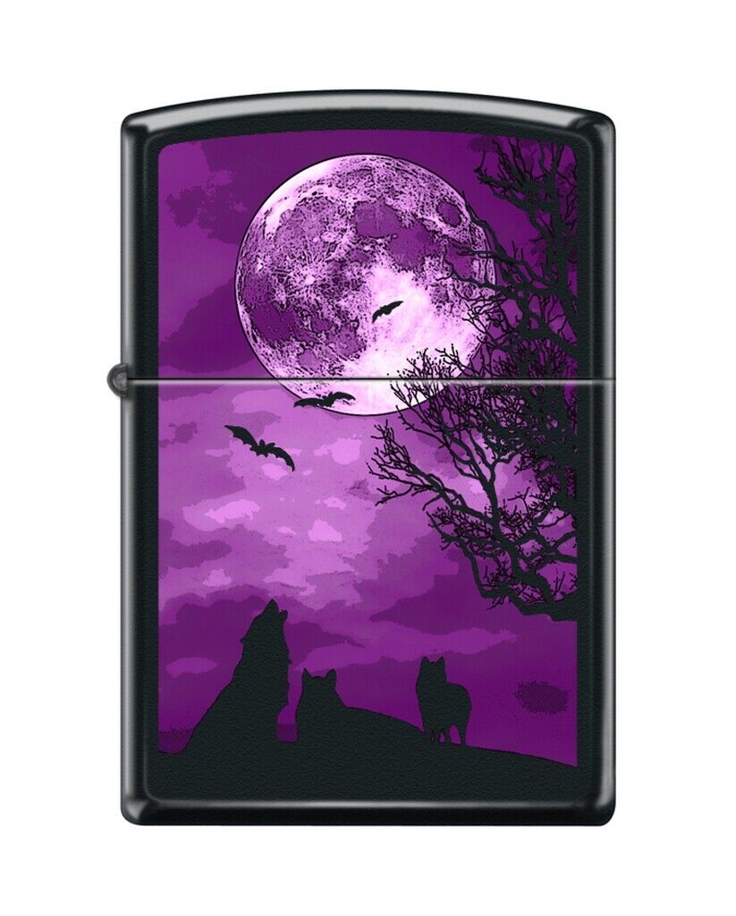 Zippo 82236 wolf howling at moon purple tree silhouettes bats night Lighter
