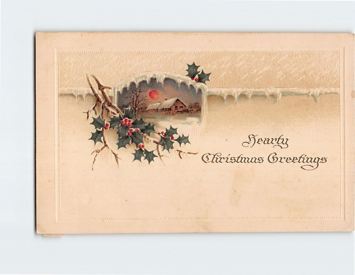 Postcard Embossed Hearty Christmas Greetings Holiday Art Print
