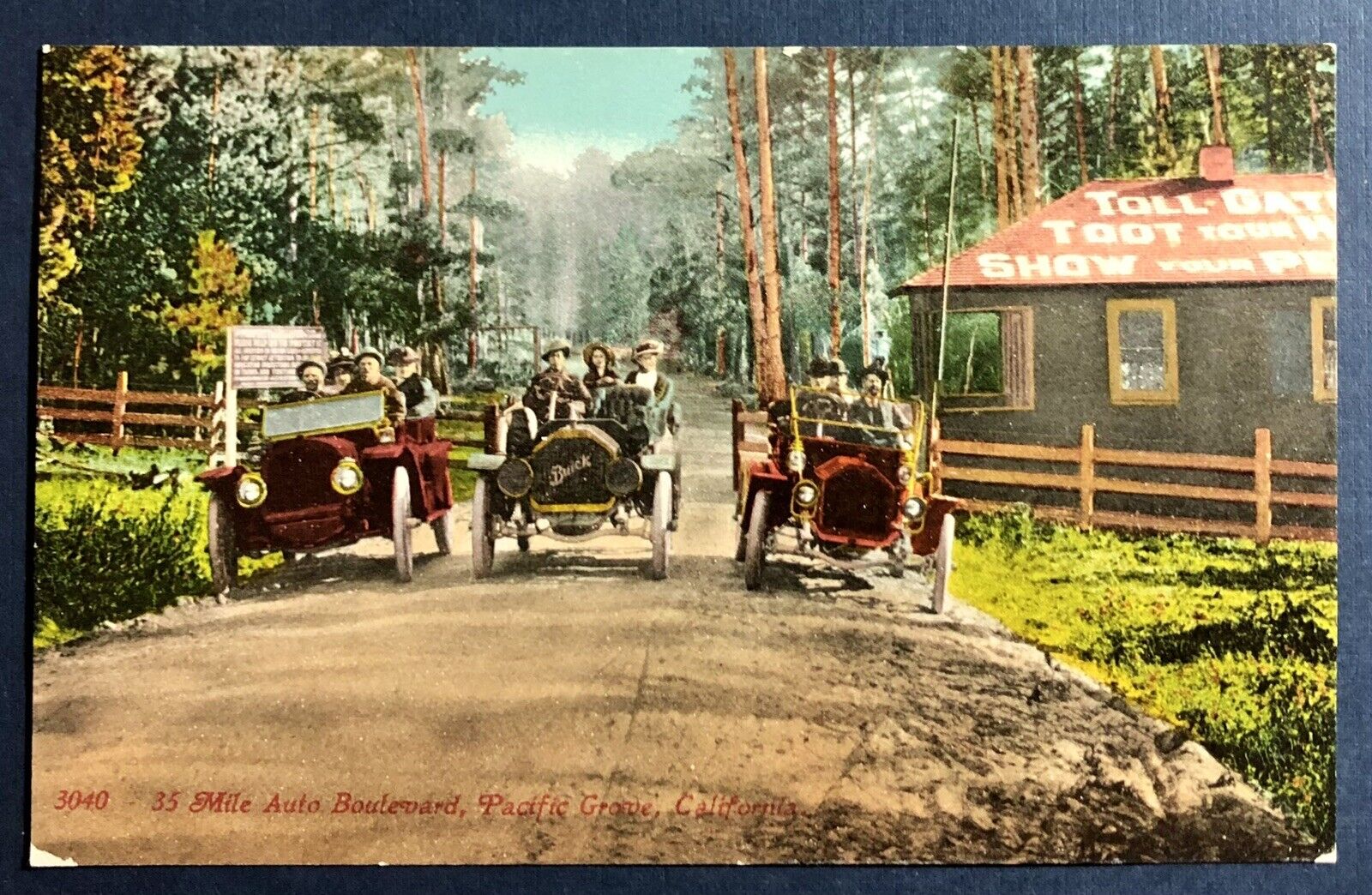 Postcard Pacific Grove California 35 Mile Auto Boulevard Antique Cars Toll Gate