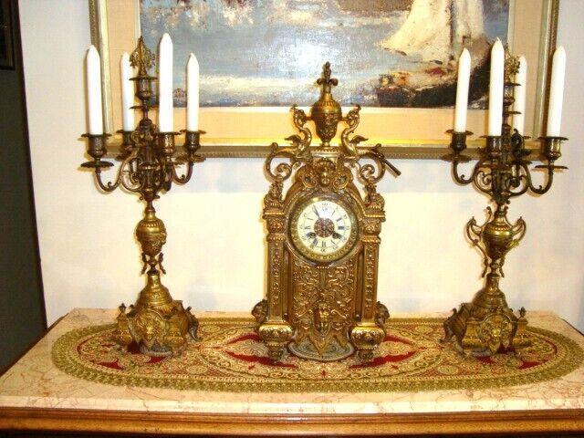 Antique Japy Freres French Louis XVI Bronze Clock Set