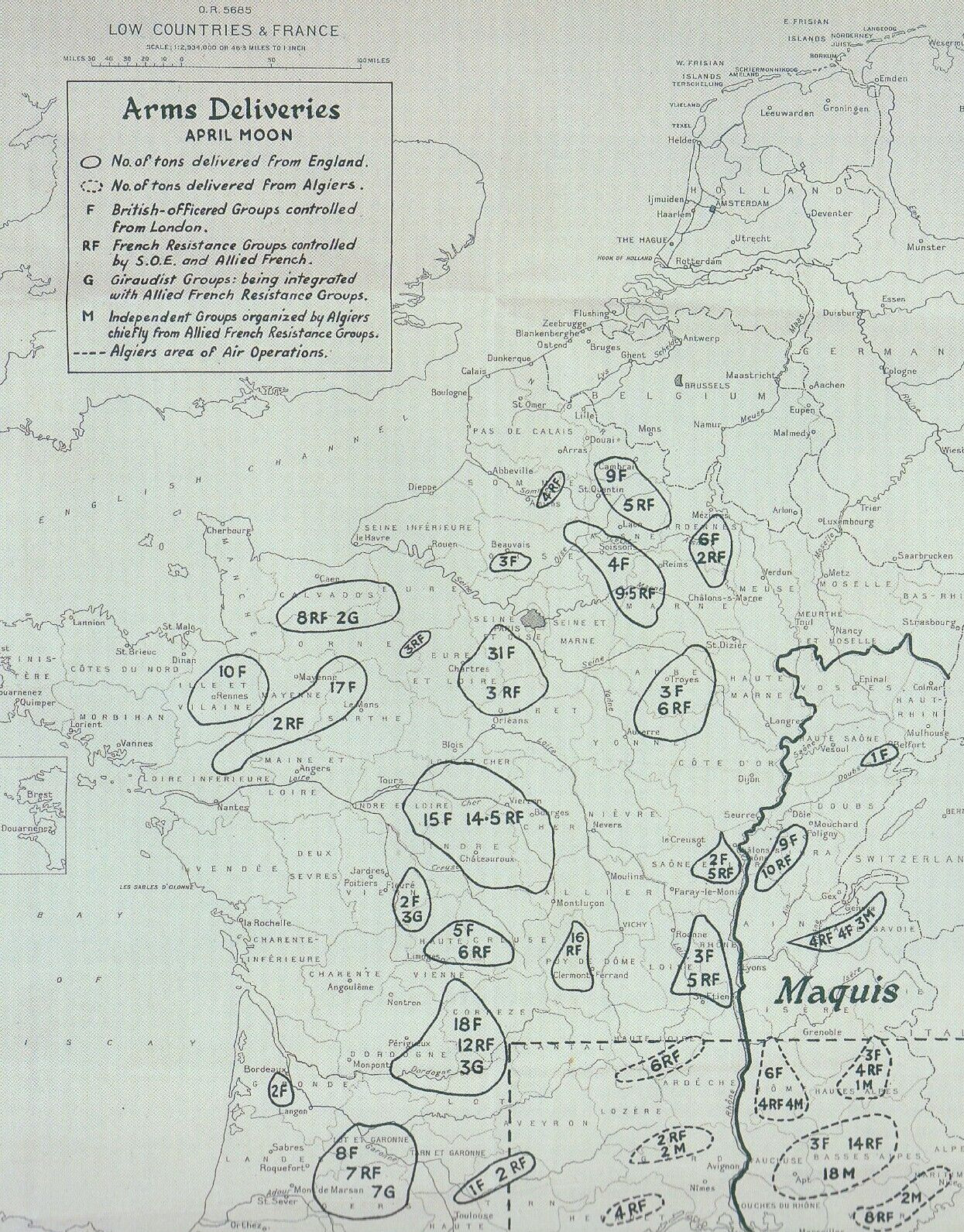 FRENCH RESISTANCE ARMS DELIVERIES BY RAF APRIL 1942 HISTORIC MOUNTED WAR MAP