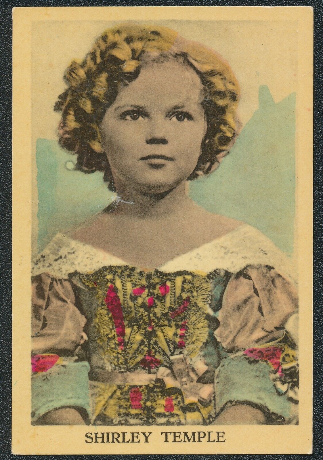VINTAGE SHIRLEY TEMPLE COLORIZED 2 3/4 x 3 1/2 PHOTO CARD AE - NICE