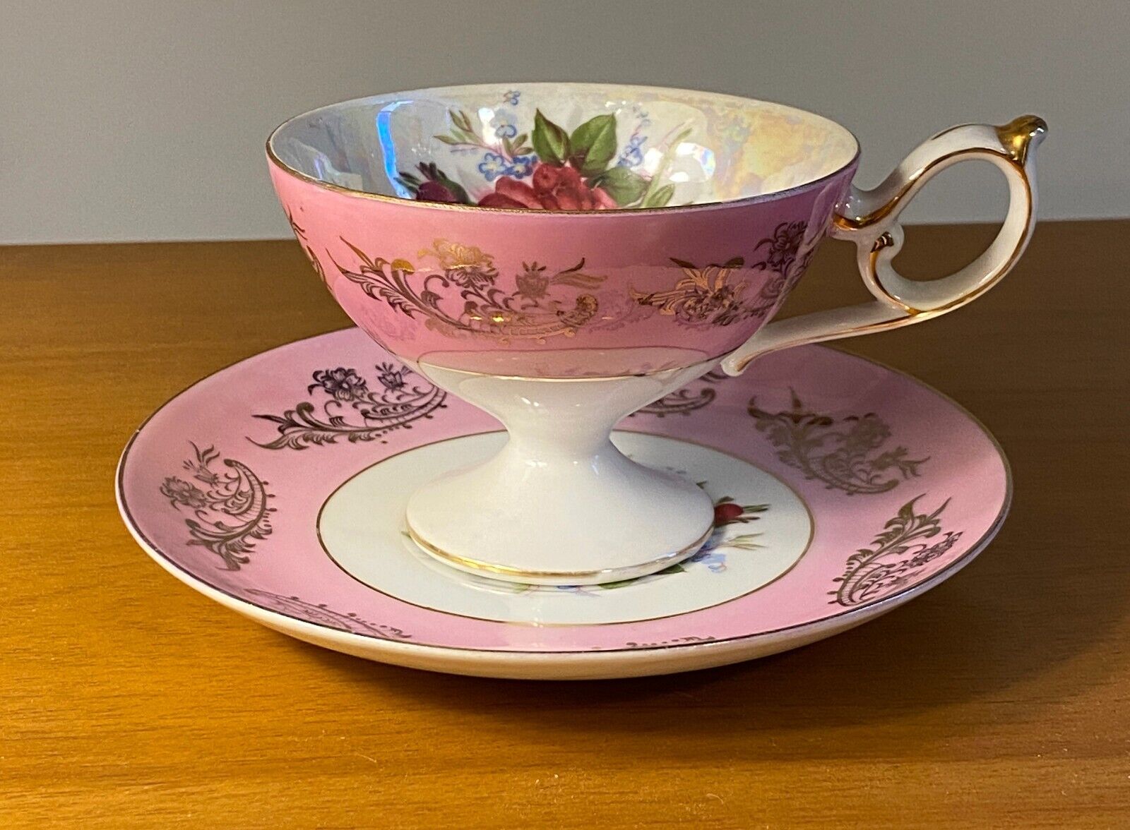 Antique ROYAL HALSEY Very Fine China Footed Tea Cup & Saucer Opalescent Pink