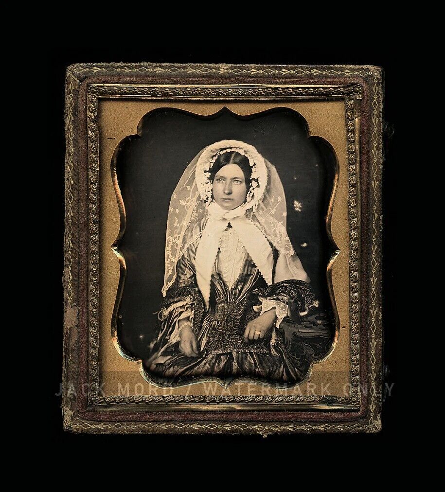 1850s 1/6 Daguerreotype Photo Pretty Woman Bonnet White Lace Wedding? Veil