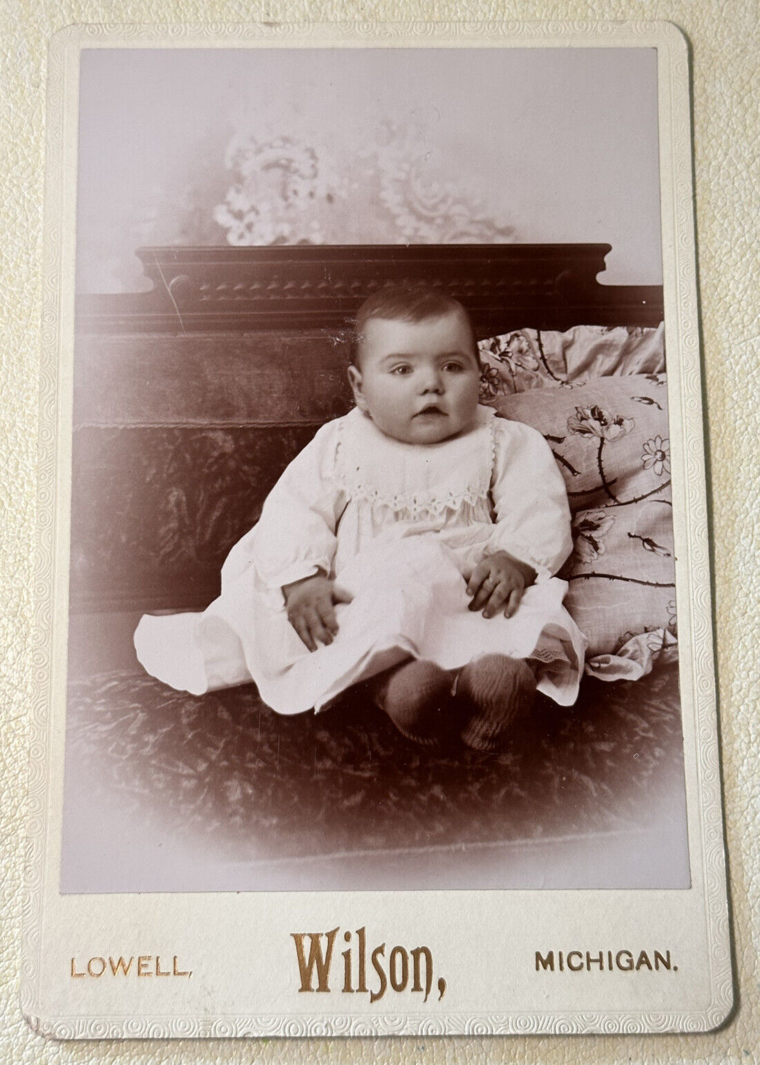 Antique Cabinet Card Photo “Sitting Baby” -Wilson- Lowell, Michigan