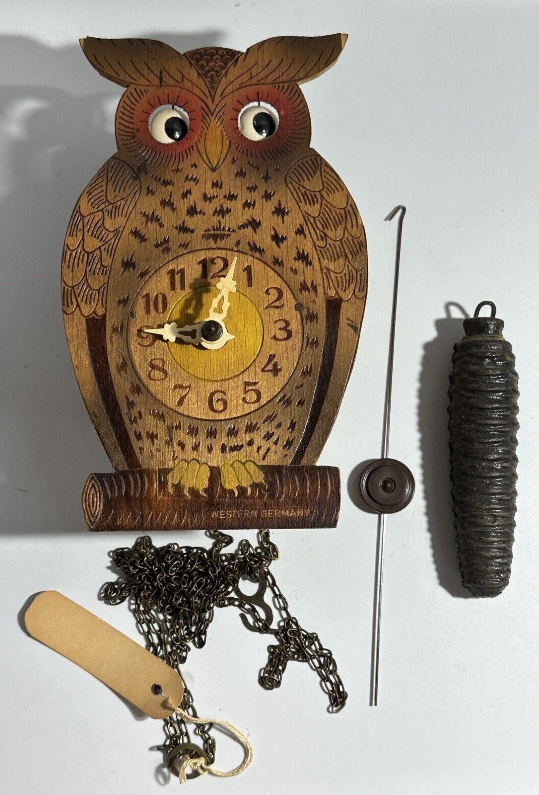 Vintage  West Germany Owl Cuckoo Clock Moving Eyes With Pinecone Weight.