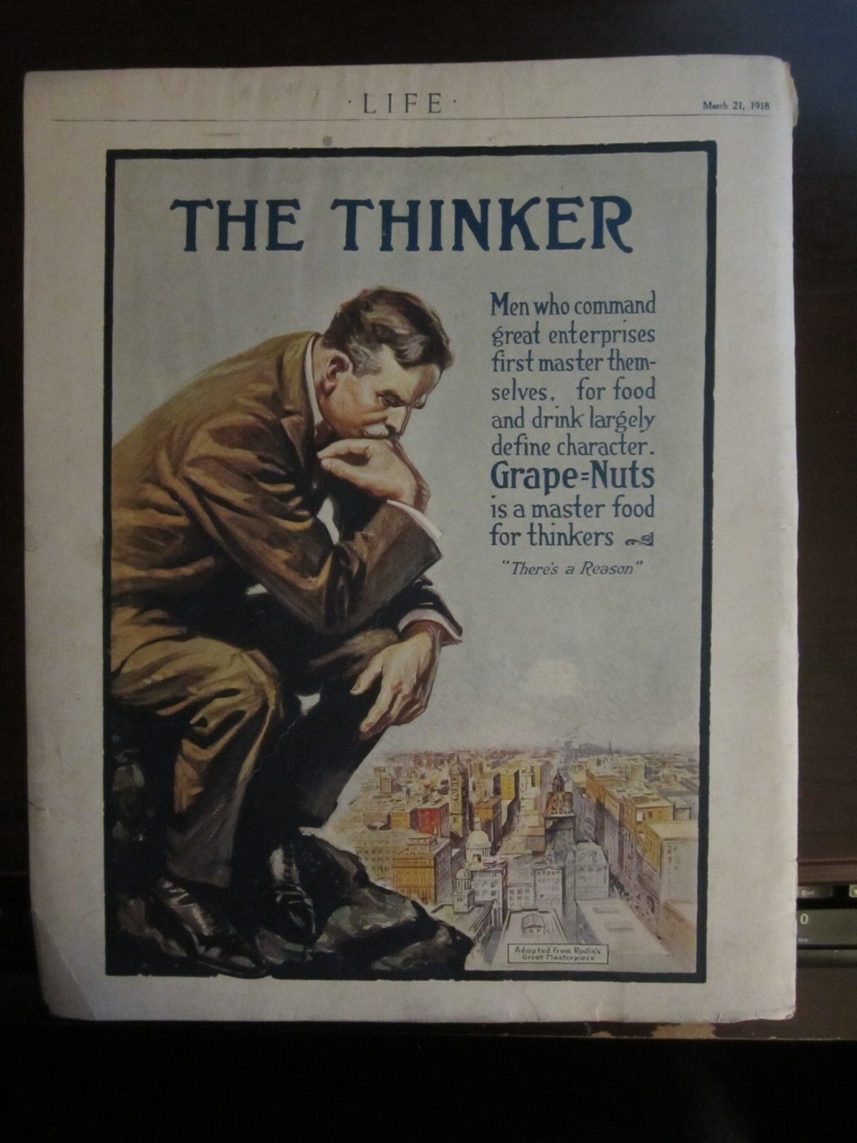 1918 Grape Nuts The Thinker Full Page Color Advertisement 