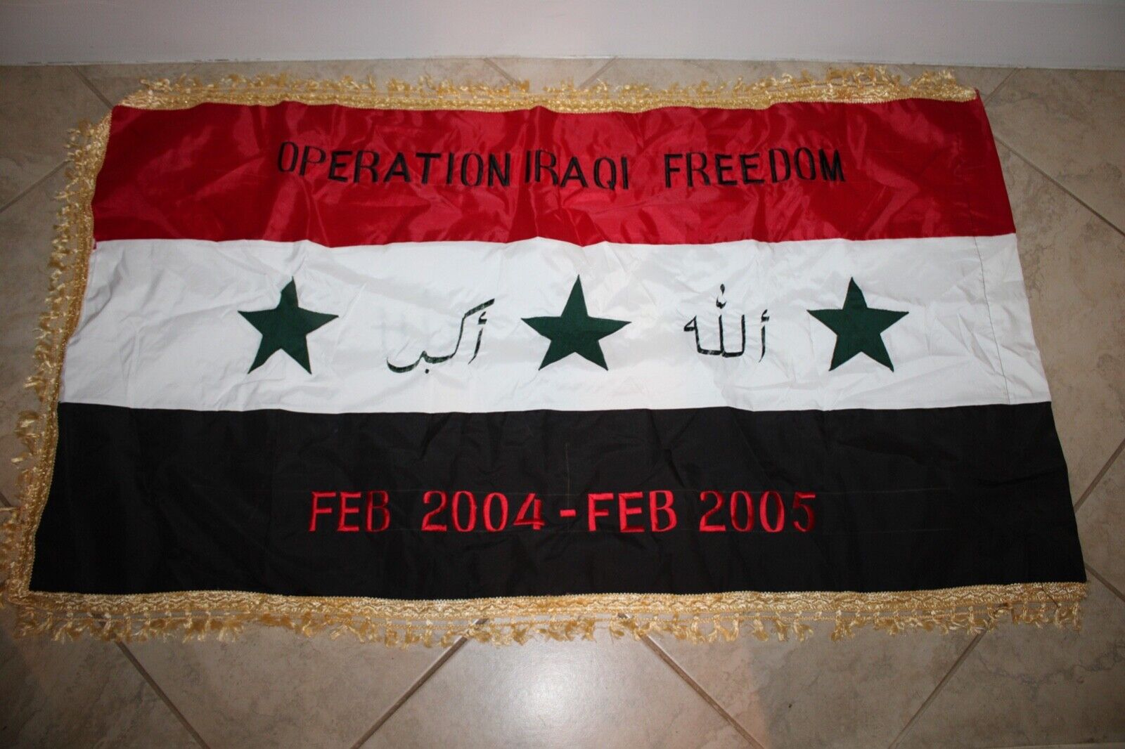 Operation Iraqi Freedom Iraq Bringback-Iraqi Flag with Gold Fringe 2004-05 Large