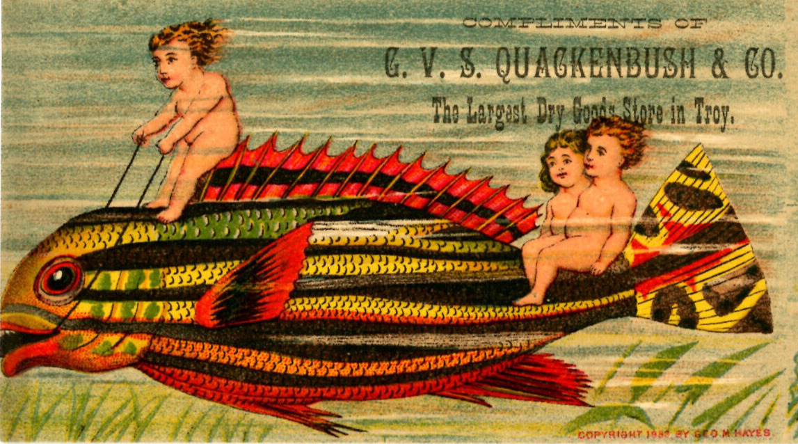 Trade Card G V S Quackenbush Co Children Riding Colorful Fish Troy NY -9147