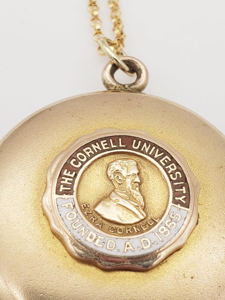c1910 CORNELL LOCKET Antique Vintage 12k Gold GF University Seal Chain Necklace