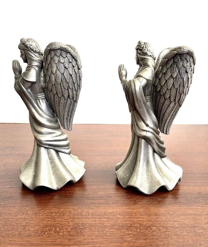 Vintage 1 Pair Pewter standing Angels Praying  Candle Holders. 7 In Tall. 2lbs