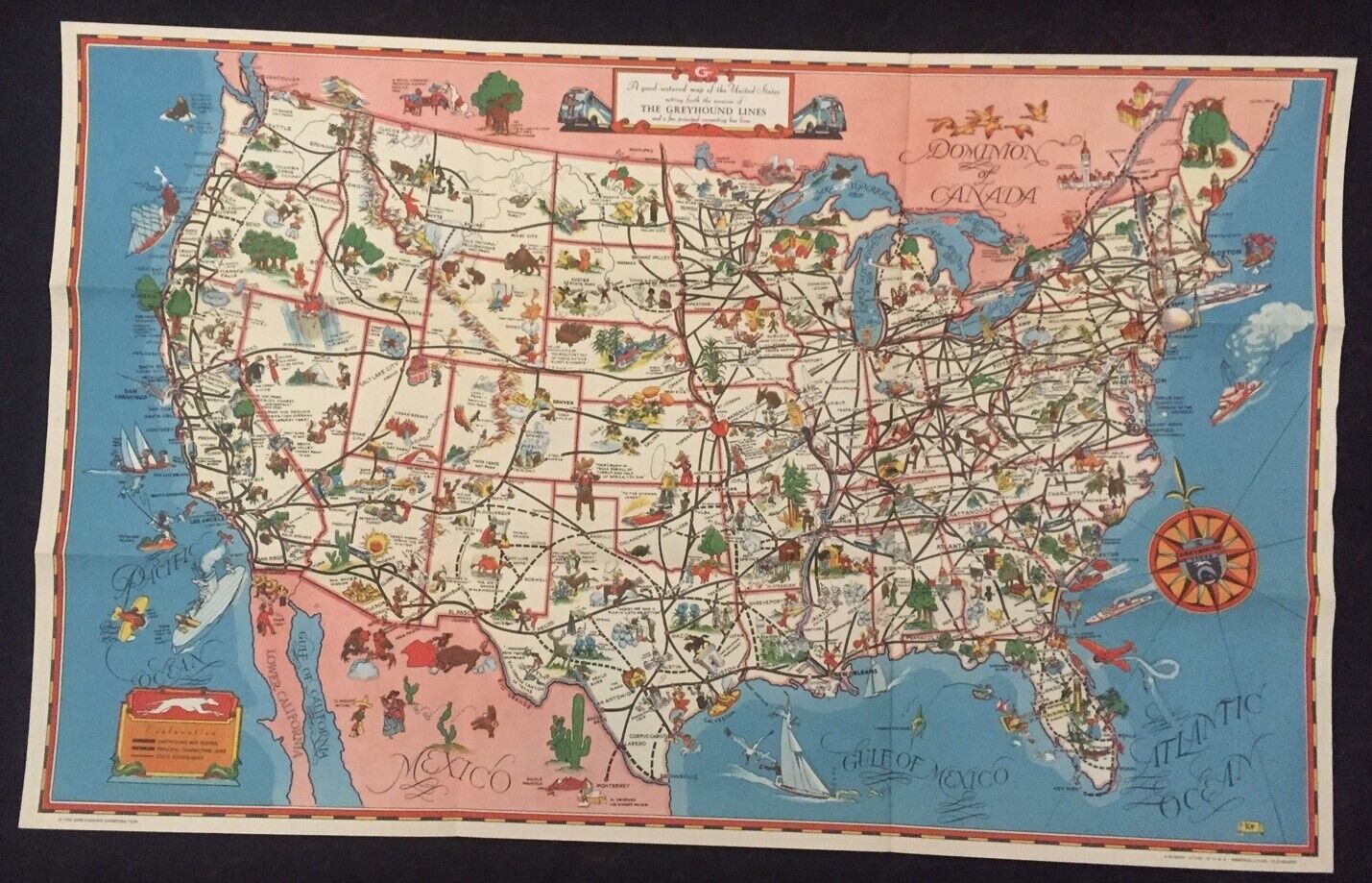 Original 1939 Greyhound Pictorial Map of the United States