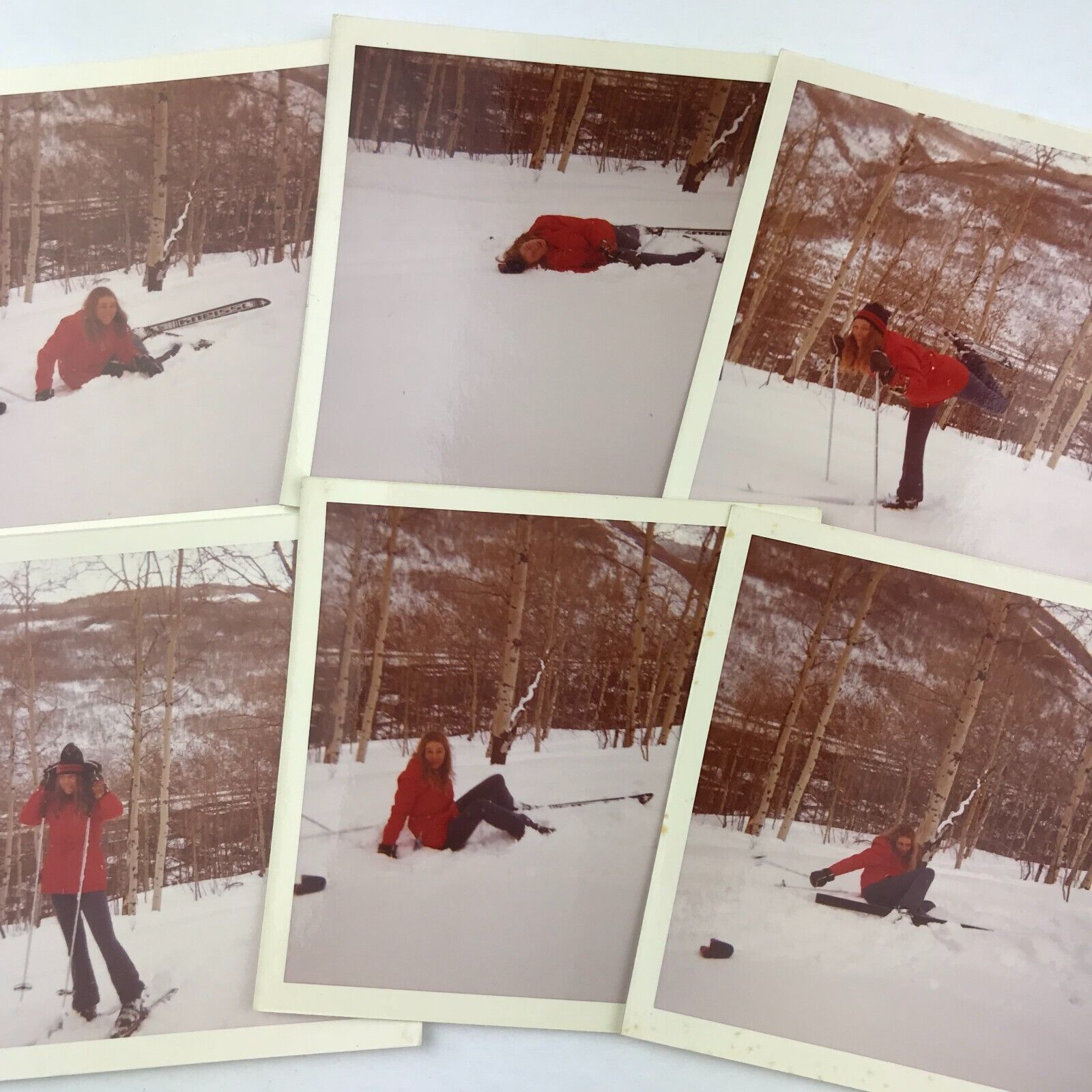 Vintage 1972 Color Photo Lot of 6 Young Woman Skis Falling Snow Winter Outdoors