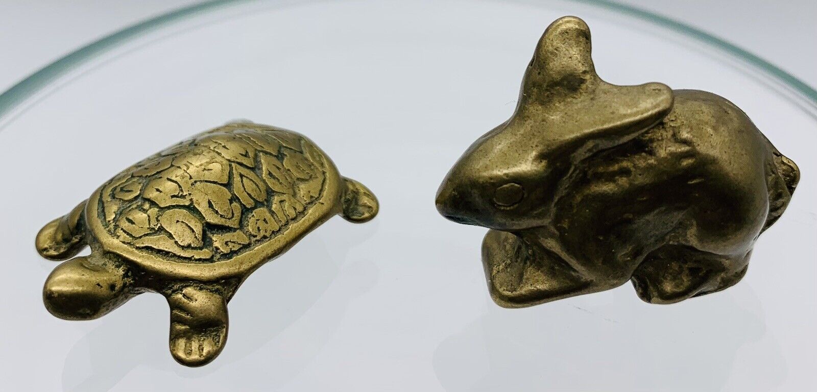 Vintage Mini Tortoise and the Hare Brass Figures Metal Rabbit and Turtle Pair.