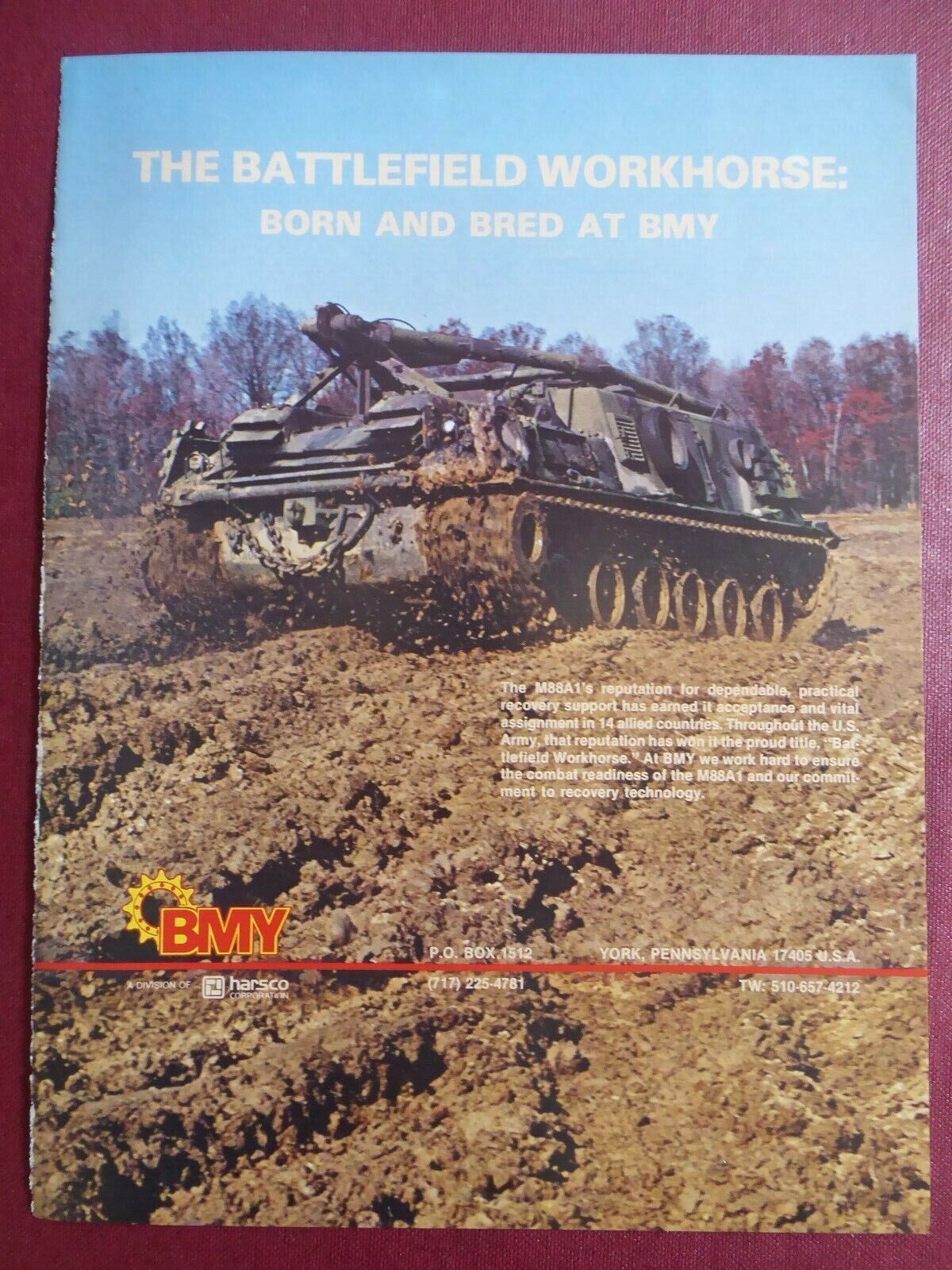 4/1985 PUB BMY M88A1 US ARMY RECOVERY STAND BATTLEFIELD WORKHORSE ORIGINAL AD